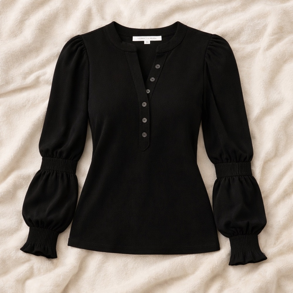 Veronica Beard Effy Puff Sleeve Top Black Ribbed Designer Blouse Size M